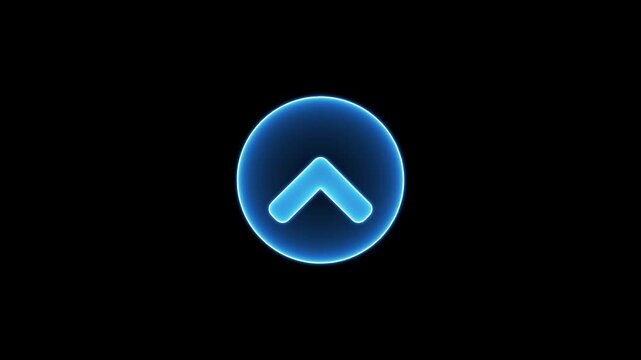 Glowing blue up arrow icon in circle animates on dark background with light effect