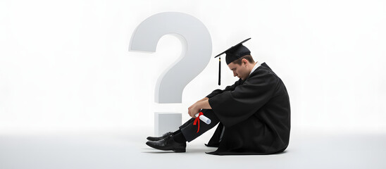 Male graduate sitting thoughtfully with questions on white background  