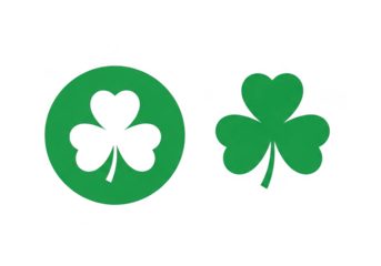 Set of two green shamrock icons, one solid and one inside a green circle, isolated on transparent background for st patrick day design