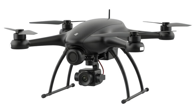 Black drone with camera and four propellers isolated on a transparent background quadcopter unmanned aerial vehicle