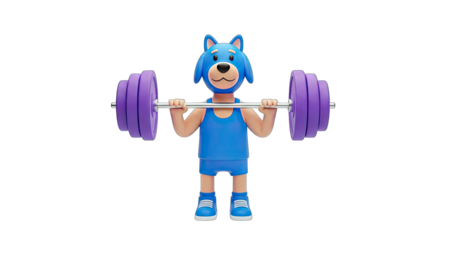 3D Cartoon dog character lifting barbell in gym on transparent background - Powered by Adobe