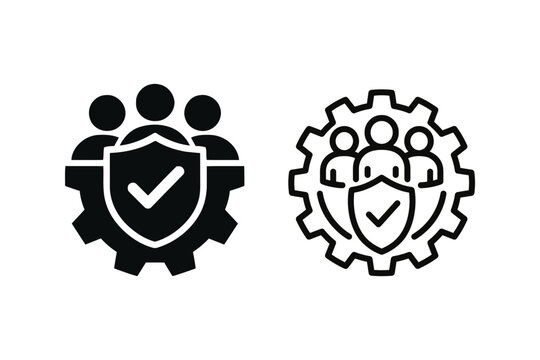 black and white icons of people with shield and gear