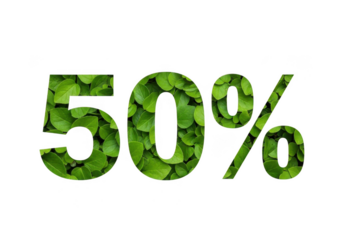 Green leafy 50 percent sign on white background with natural texture