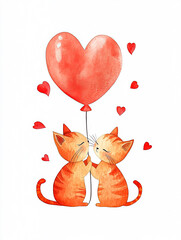 Two Adorable Cats Sharing a Heart Balloon