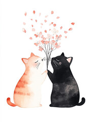 Two Adorable Cats Sharing a Floral Moment