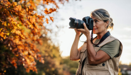 Fototapeta premium Active senior woman taking pictures with camera in autumn nature