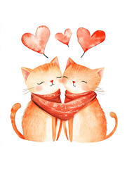 Adorable Watercolor Cats in Love with Hearts