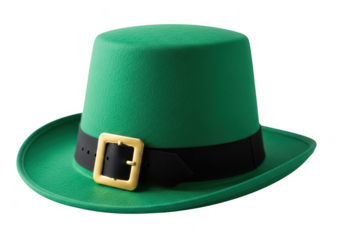 Green leprechaun hat with black band and gold buckle isolated on white background