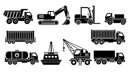 Black silhouette icons of various industrial and transport vehicles including trucks, excavators, forklifts, and a ship.