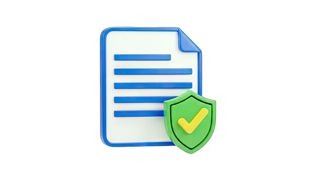 3D Document with shield and checkmark icon on transparent background
