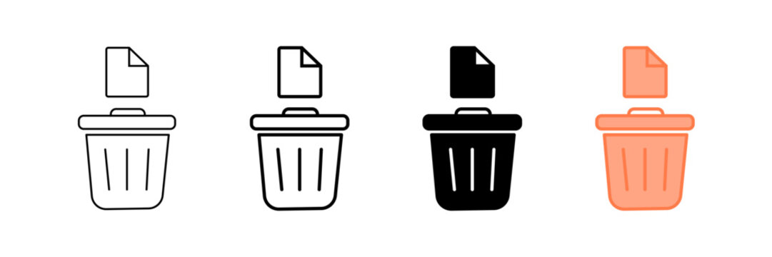 Set of minimalist trash can icons with transparent background, depicting file deletion symbols for data management, digital cleanup, and user interface designs, vector illustration