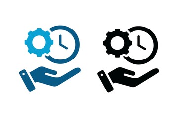 blue and black icons of hands holding clock and gear  symbols