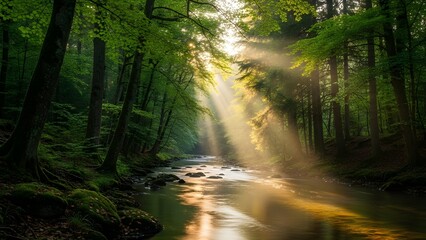 Obraz premium Sunlight streams through lush green forest illuminating a tranquil flowing river.