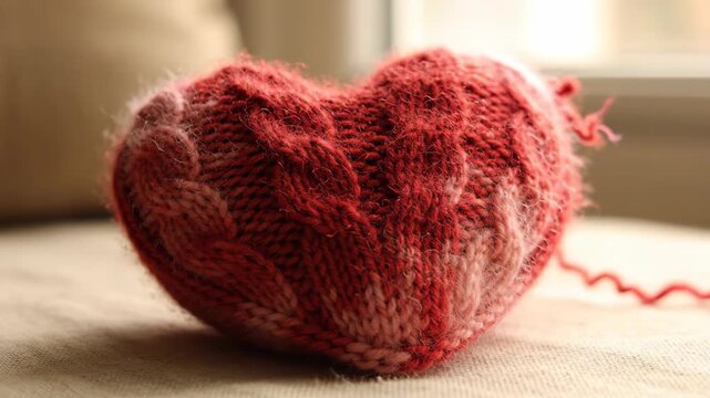 Knitted heart with red yarn thread as symbol of love and care, for Mothers Day celebration or Valentines Day.