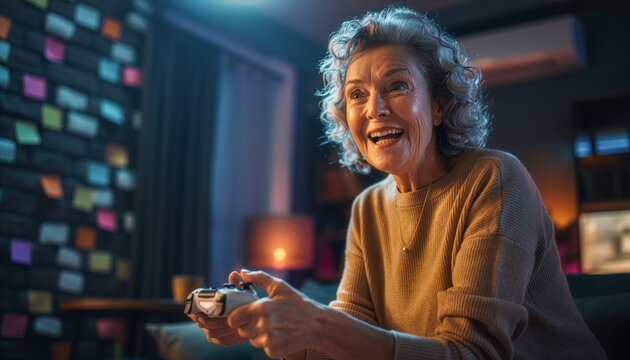 Excited senior woman playing video game with controller at home