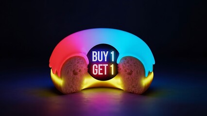 Vibrant neon donut offering a tempting buy 1 get 1 free deal with colorful glaze.
