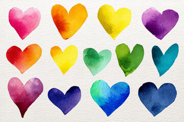 Colorful Watercolor Hearts in Various Shades