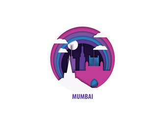 Mumbai, India paper cut, cityscape crafted vector illustration. Origami, layered art of city with skyline, buildings, landscape shape for sticker, badge, web, print