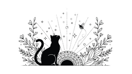 Delicate black line art illustration of a cat silhouette watching a bee fly over a decorative mandala-style sun.