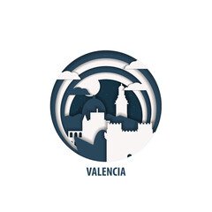 Valencia, Spain paper cut, cityscape crafted vector illustration. Origami, layered art of city with skyline, buildings, landscape shape for sticker, badge, web, print
