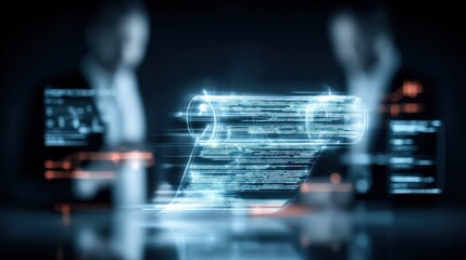 A scroll glowing in the administration chamber is held by a lawyer while an author and partner affirm their commitment through detailed paperwork