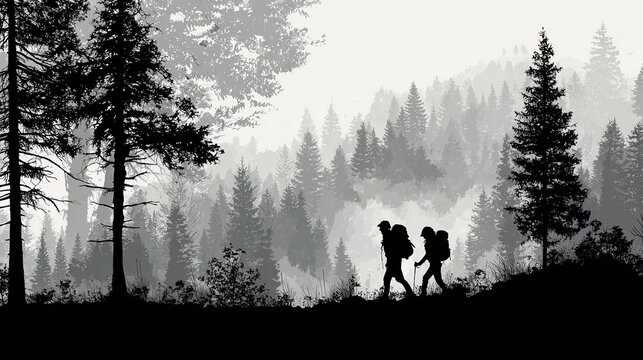 Black vector silhouette panorama: jagged mountain peaks and dense fir-tree skyline form a clean camping-adventure icon, set against sunrise-sunset gradient orb, isolated on white