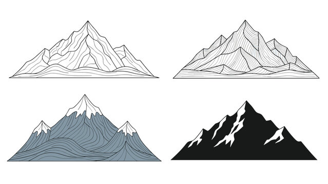 Collection of four mountain illustrations in various styles including detailed line art, textures, and solid black silhouette.