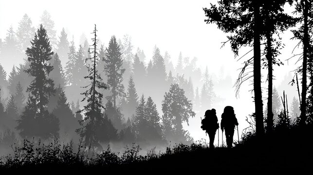 Black vector silhouette panorama: jagged mountain peaks and dense fir-tree skyline form a clean camping-adventure icon, set against sunrise-sunset gradient orb, isolated on white