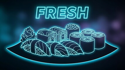 Vibrant neon glow sushi platter illustration with fresh Japanese cuisine art.