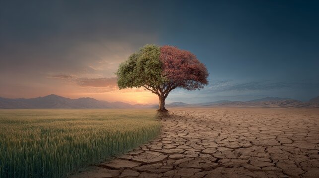 Dramatic landscape of a solitary tree dividing green farmland and parched desert under a vivid sky, symbolizing climate change, hope, and environmental contrast.