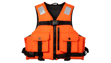 Bright orange life vest with reflective patches and black straps isolated on a transparent background
