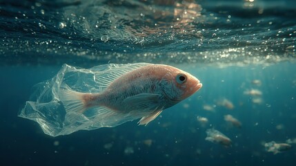 Heart-wrenching underwater scene of a sad fish sculpted from a drifting translucent plastic bag, suspended in sun-lit turquoise seawater among faint microplastic particles, symbolizing marine pollutio