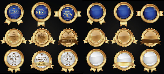 Collection of luxury golden badge premium quality labels seals glossy metallic labels laurels and ribbons blue gold emblems. Vector illustration.