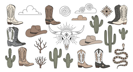 Extensive selection of western cowboy themed icons including boots hats cacti a cow skull a snake and desert clouds in a vintage style.