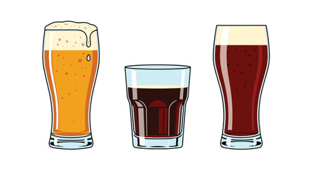 Assorted selection of three different beers in pint tumbler and fluted glasses representing craft varieties choice.