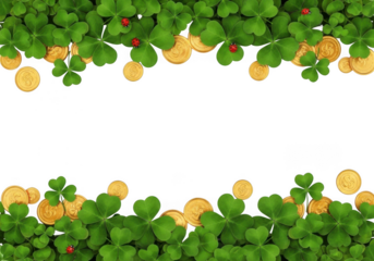 St patricks day border with green clover leaves and gold coins isolated on white background for festive decoration