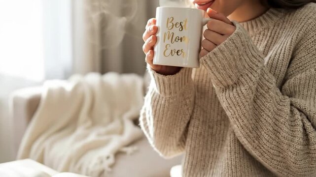 Woman holding a Best Mom Ever mug, appreciating mother on Mothers Day. Celebrate mom with a cozy tribute present.