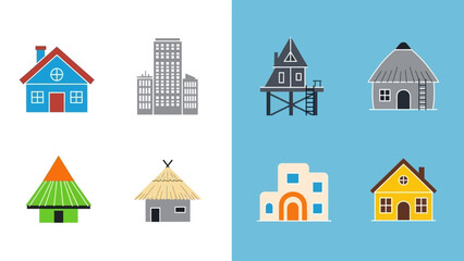 Collection of diverse architectural building styles, ranging from traditional homes to modern structures and abstract designs