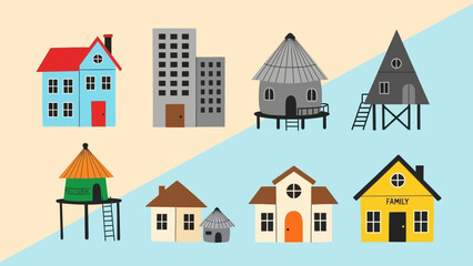 Collection of diverse architectural designs including houses, apartments, and huts on stilts