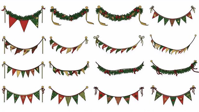 Pixel Art Christmas Bunting Flags Festive Decorations Green Red Gold Loop