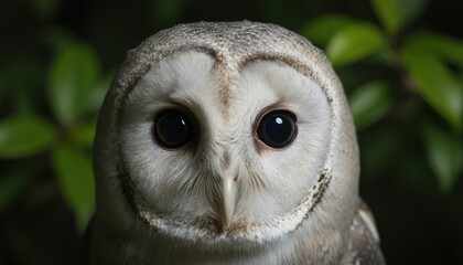 Barn owl close-up portrait in forest at night, nocturnal bird with large dark eyes, wildlife photography capturing mystery, nature, silent predator
