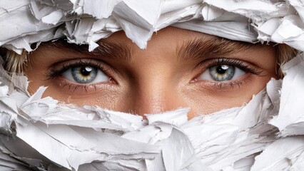Close-up of a person’s blue eyes peering through torn white paper. Concept Blue-eyed close-up, Eyes peering through torn white paper, Texture-rich torn paper, High-contrast macro portrait