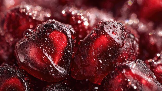 Close-up of glossy red cherries covered in water droplets. Concept Macro close-up, Glossy red cherries, Dewy water droplets, Rich red color, Textured fruit skin - Powered by Adobe