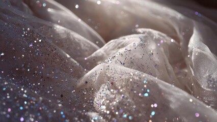 Close-up of a sheer, glittery silver fabric strewn with tiny multicolored specks. Concept Sheer glitter fabric close-up, Metallic silver texture, Multicolored specks sparkle, Close-up textile details