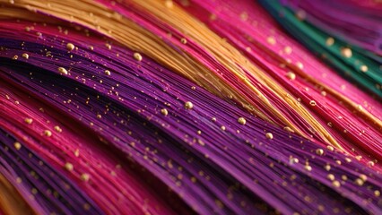 Macro photo of rainbow-colored fiber strands layered like ribbons with tiny yellow beads sprinkled on them. Concept Macro photography, Rainbow fibers, Ribbon-like textures, Bead accents