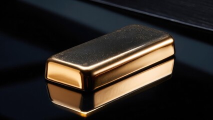 A shiny gold bar resting on a glossy black surface, its smooth, reflective finish catching the light. Concept Gold Bar, Glossy Black Surface, Reflective Finish, Metallic Still Life