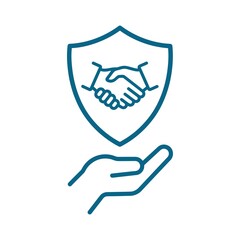 Teal shield with handshake and hand icon for protection