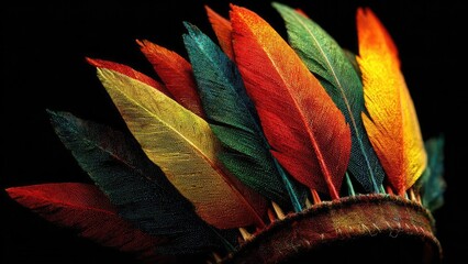 Close-up of a vibrant feather headdress with red, yellow, green, and blue plumes fanned against a dark background. Concept Feather Headdress, Multicolored Plumes, Close-Up Shot, Dark Background