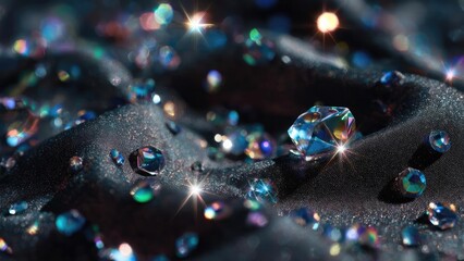 Naklejka premium Close-up of a large faceted crystal on black velvet, surrounded by many small, multicolored gems sparkling in the light. Concept Close-up crystal on black velvet, Faceted crystal, Multicolored gems