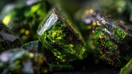 Vivid green crystal clusters with sharp facets and tiny golden specks. Concept Emerald green crystal clusters, Sharp-faceted crystals, Golden speck accents, Mineral textures, Vivid green geology